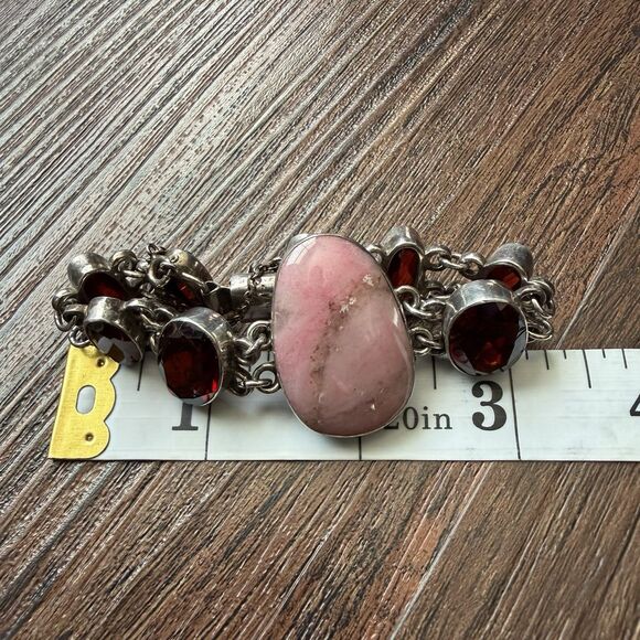 Vintage Pink Opal & Garnet Red Glass Sterling Silver Bracelet 6.5” 925 AP, 47g - Picture 16 of 16
